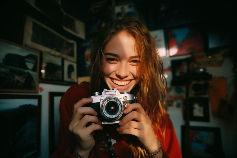 Smiling photographer taking photos happily